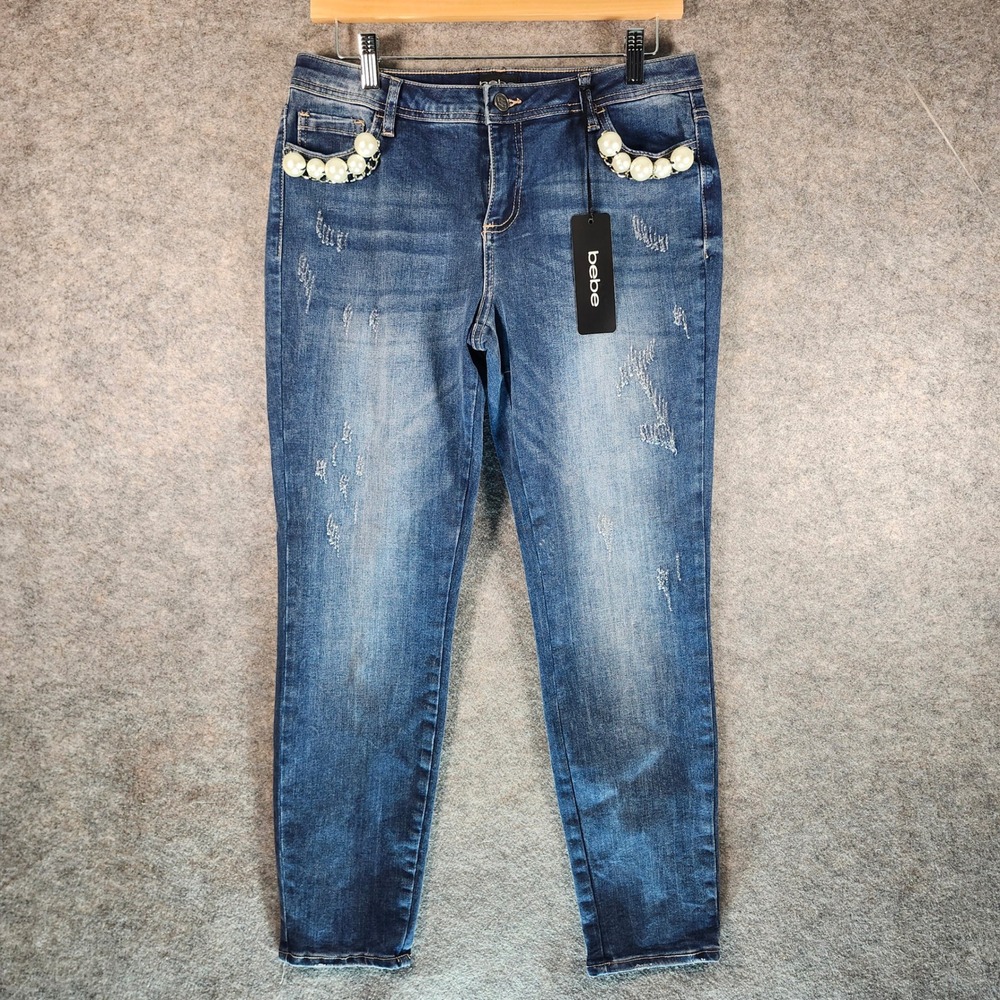 Bebe Womens Blue Distressed Denim Jeans Pearl Embellished Pockets Size 30